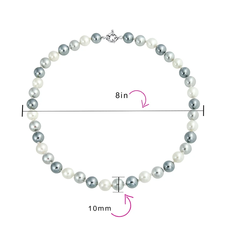 Bling Jewelry Classic Smooth 10MM Black White Grey Tri Multi Color Hand Knotted Simulated Pearl Strand Necklace 18 Inches
