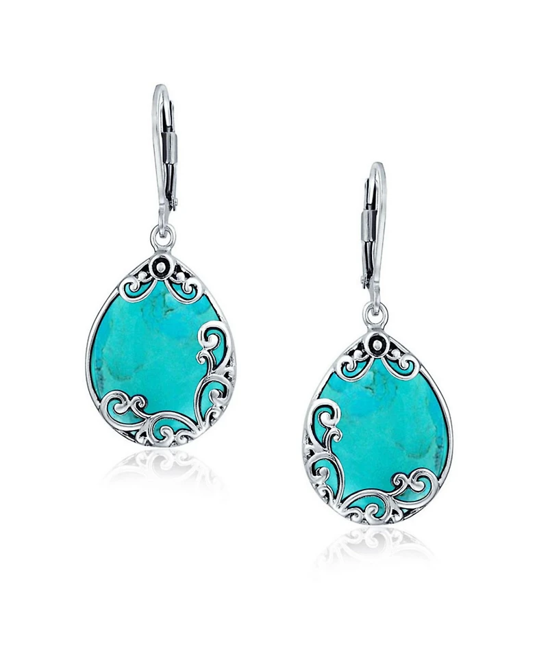 Bling Jewelry Boho Western Large Flat Teardrop Natural Stone Filigree Scroll Lever Back Dangle Earrings Oxidized .925 Sterling Silver