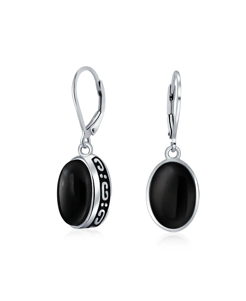 Bling Jewelry Sterling Silver 3.2CTW Blue Turquoise Oval Dome Drop Earrings Bezel Set Lever Back Genuine Gemstone