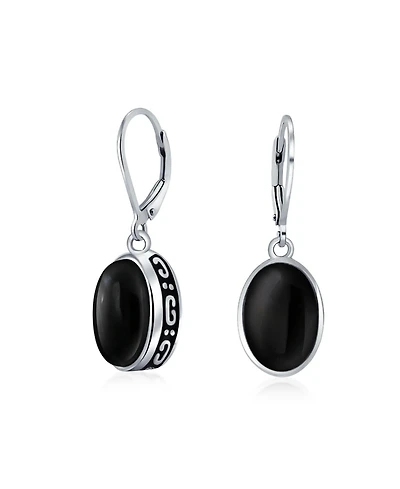 Bling Jewelry Sterling Silver 3.2CTW Blue Turquoise Oval Dome Drop Earrings Bezel Set Lever Back Genuine Gemstone