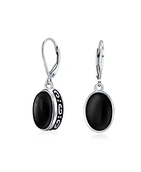 Bling Jewelry Sterling Silver 3.2CTW Blue Turquoise Oval Dome Drop Earrings Bezel Set Lever Back Genuine Gemstone