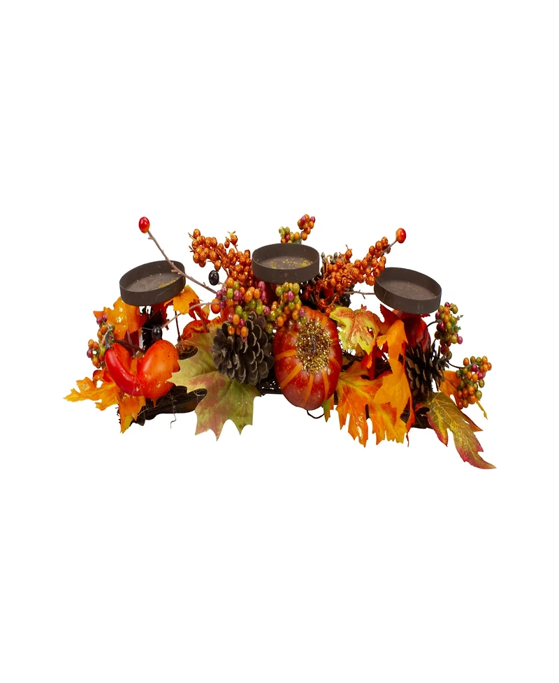 21" Orange Fall Harvest Leaves and Pumpkins Candle Holder