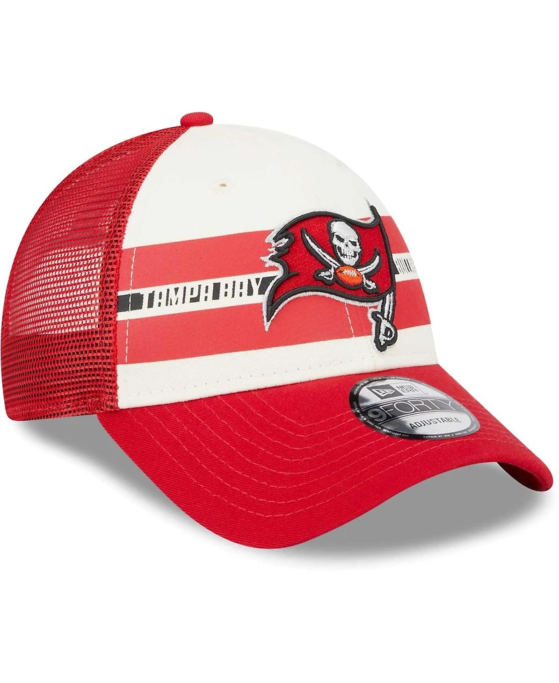Men's New Era Cream, Red Tampa Bay Buccaneers Team Stripe Trucker 9FORTY Snapback Hat