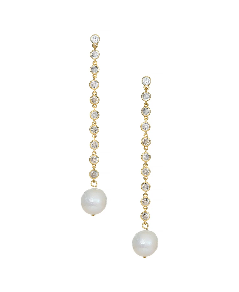 Ettika Cubic Zirconia Chain Freshwater Pearl Drop 18K Gold Plated Earrings