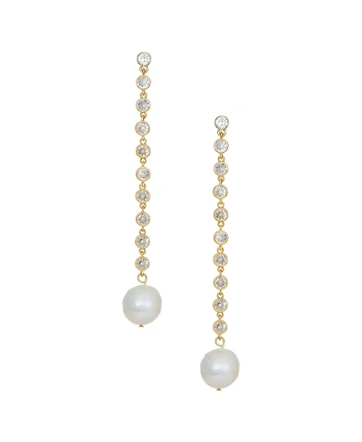 Ettika Cubic Zirconia Chain Freshwater Pearl Drop 18K Gold Plated Earrings