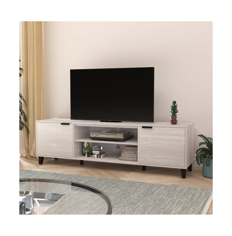 Merrick Lane Walter Mid-Century Modern Tv Stand With Adjustable Open Shelves And Two Doors