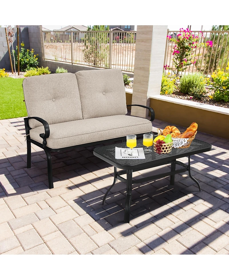 2PCS Patio Loveseat Bench Table Furniture Set Cushioned Chair