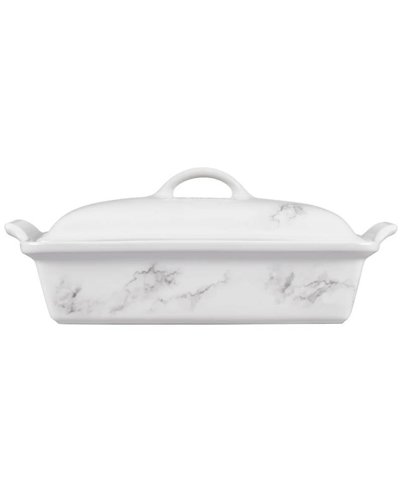 Le Creuset 4 Quart Stoneware Covered Rectangular Casserole with Marble Applique