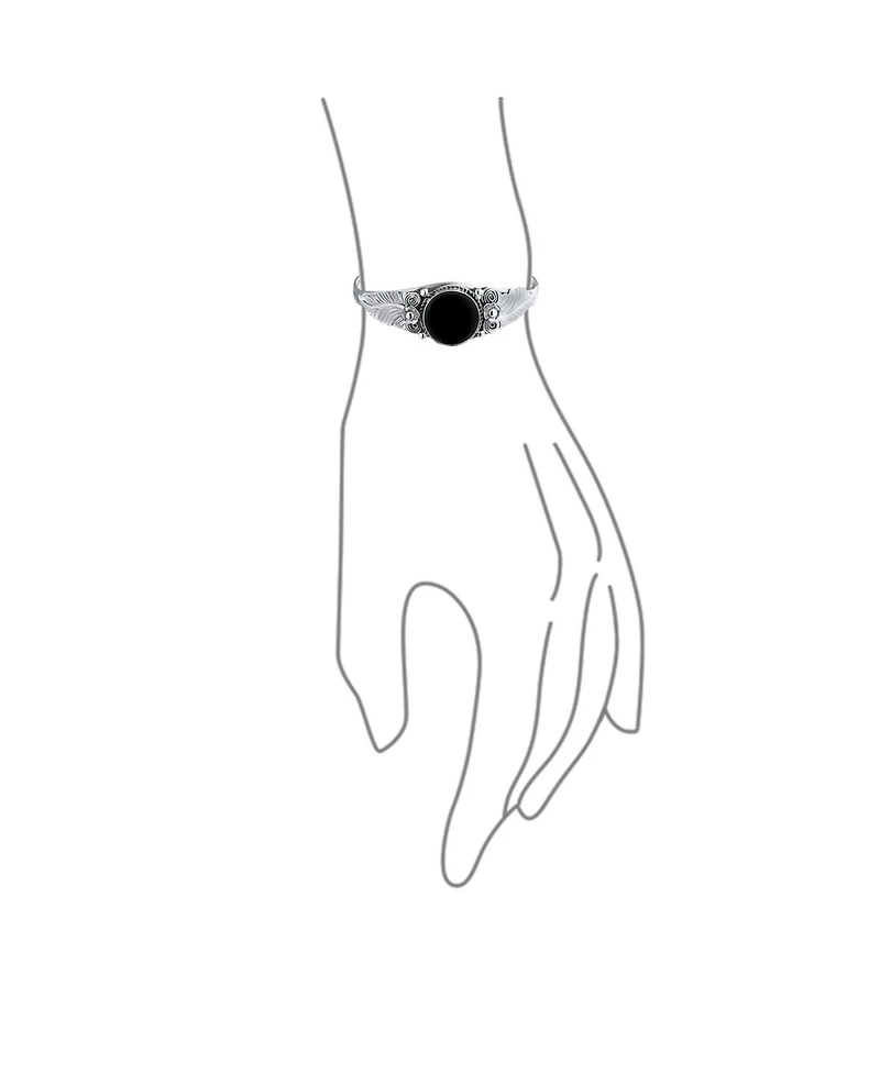 Bling Jewelry Nature Leaf Flowers Round Cabochon Statement Black Natural Onyx or Blue Turquoise Wide Cuff Bracelet Sterling Silver