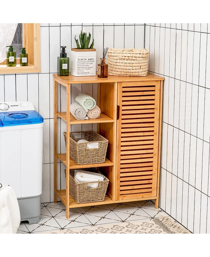 Bathroom Cabinet Bamboo Storage Floor Cabinet w/ Single Door & 3 Open Shelves