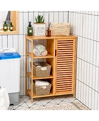 Bathroom Cabinet Bamboo Storage Floor Cabinet w/ Single Door & 3 Open Shelves