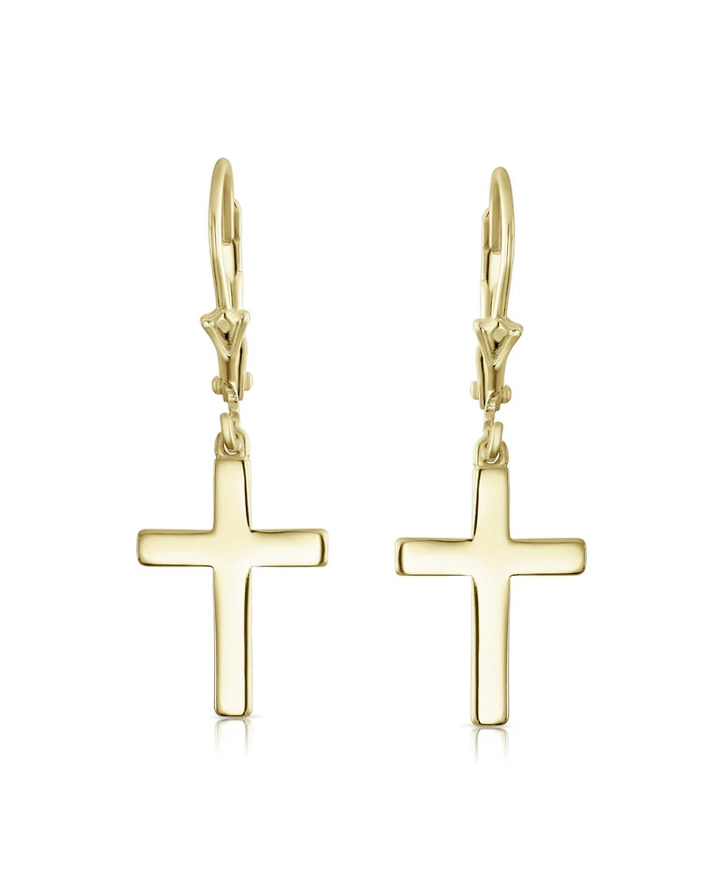 Bling Jewelry Minimalist Religious Cross Dangle Earrings 14K Gold Plated Sterling Silver