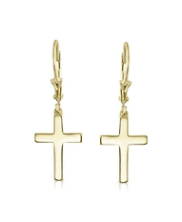 Bling Jewelry Minimalist Religious Cross Dangle Earrings 14K Gold Plated Sterling Silver