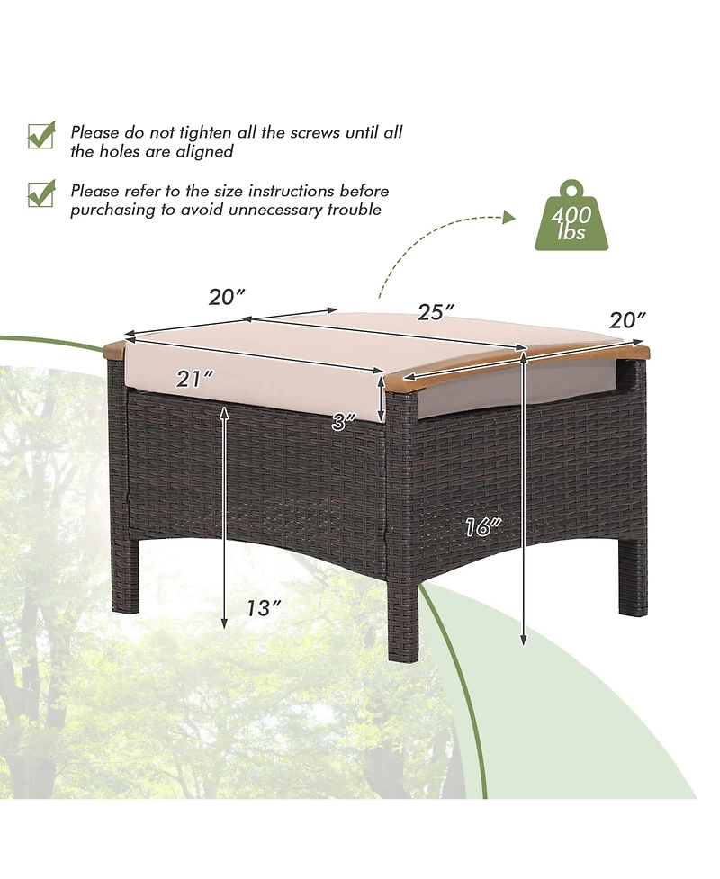 Set of 2 Patio Rattan Ottoman Footrest Cushions Wooden Handle