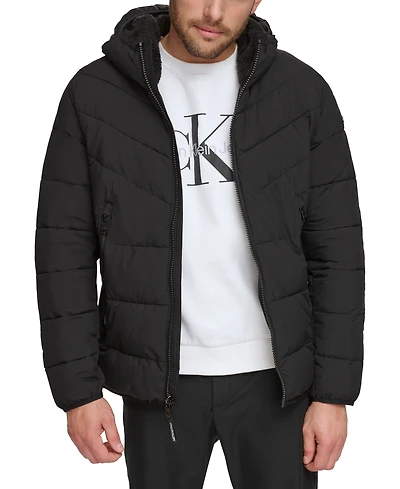 Calvin Klein Men's Chevron Stretch Jacket With Sherpa Lined Hood