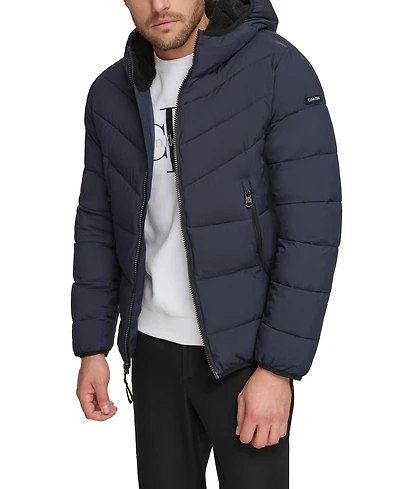 Calvin Klein Men's Chevron Stretch Jacket With Sherpa Lined Hood