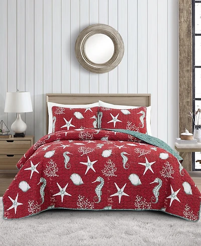 Closeout! Videri Home Festive Seahorse Reversible 3-Piece Quilt Set, Full/Queen