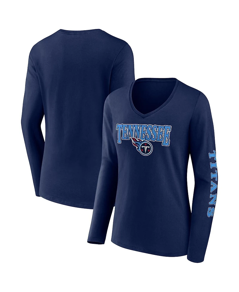 Women's Fanatics Navy Tennessee Titans Wordmark Long Sleeve V-Neck T-shirt