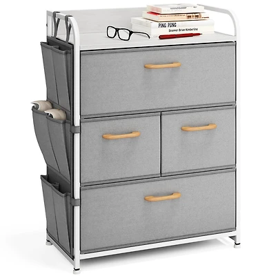 Heavy Duty Small 4 Drawer Fabric Dresser Organizer for Bedroom, Nursery, & Closet with Shoe Rack, Easy to Pull Wood Handles & Textured Wood Top