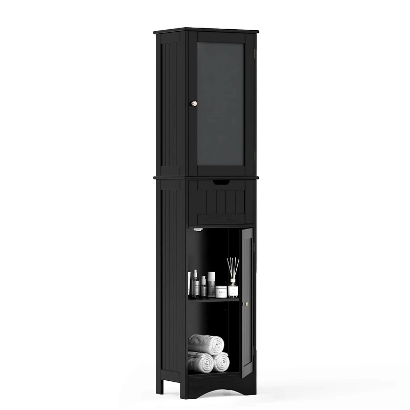 Bathroom Tall Cabinet Freestanding Linen Tower with Doors & Drawer