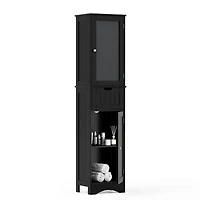 Bathroom Tall Cabinet Freestanding Linen Tower with Doors & Drawer