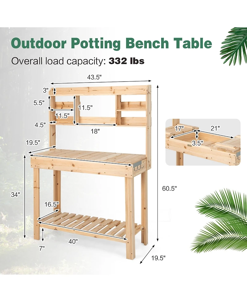 Costway Potting Bench Table Wooden Garden Work Bench Platform with Display Rack Hidden Sink