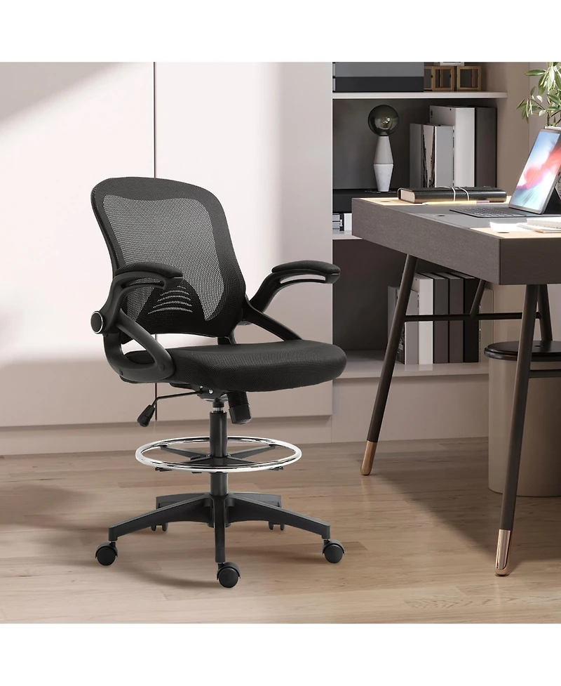 Vinsetto Mesh Drafting Chair with Flip-Up Armrests and Swivel Wheels,