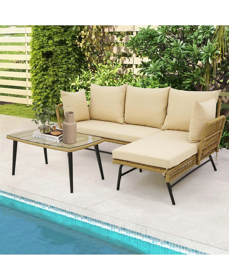 3 Pcs L-Shaped Patio Sofa Set Conversation Furniture with Cushions Deck Garden