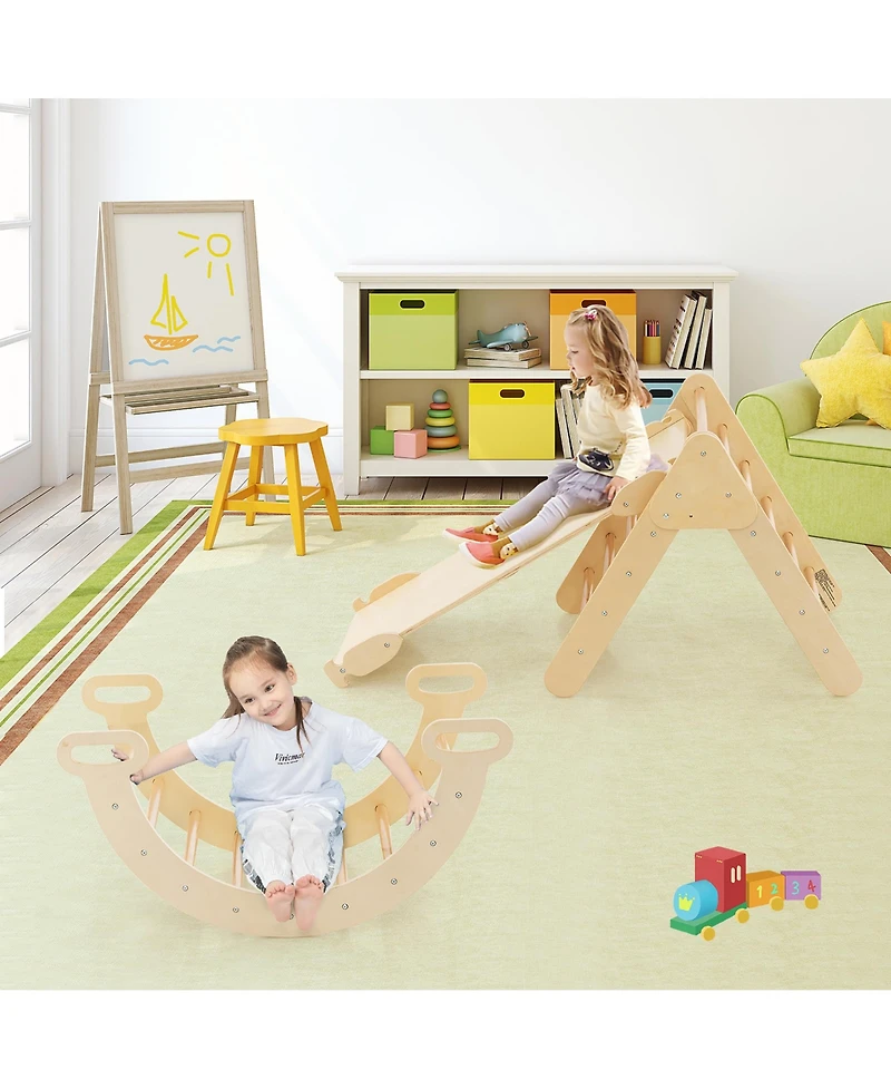 Costway 3-in-1 Kids Climber Set Toddler Wooden Play Arch with Sliding and Climbing Ramp
