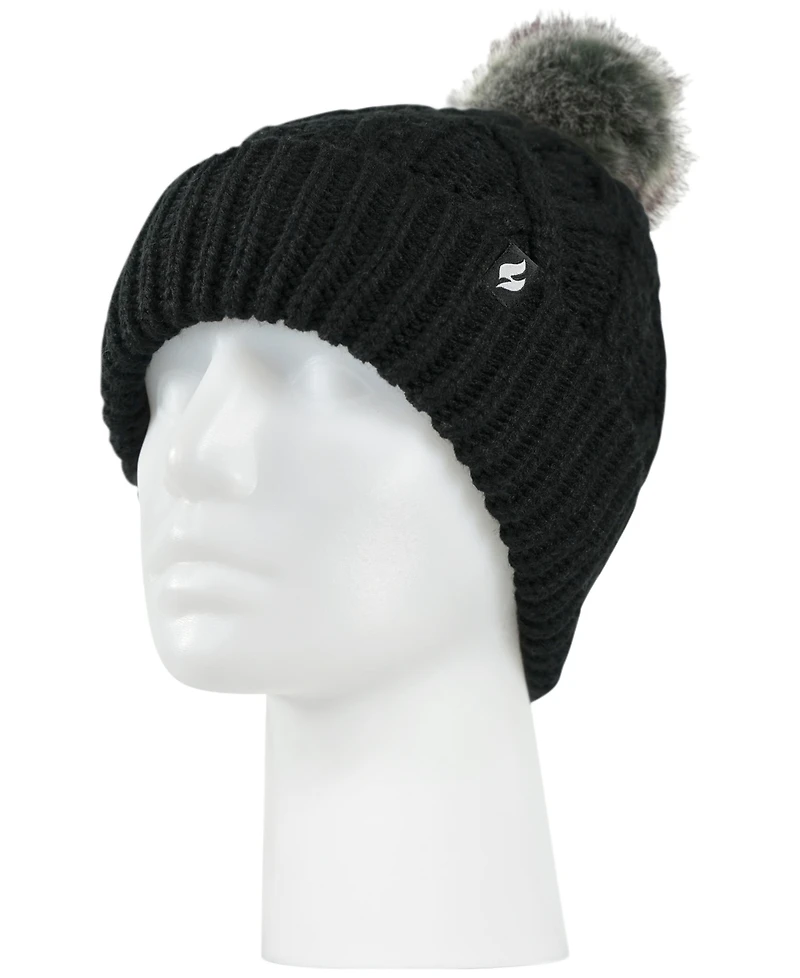 Heat Holders Brina Solid Cable Knit Roll Up Pom-Pom Hat