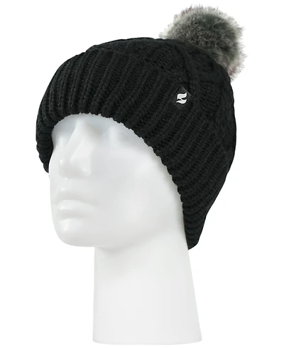 Heat Holders Brina Solid Cable Knit Roll Up Pom-Pom Hat