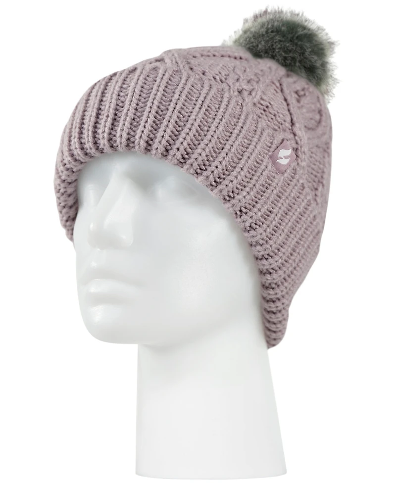 Heat Holders Brina Solid Cable Knit Roll Up Pom-Pom Hat