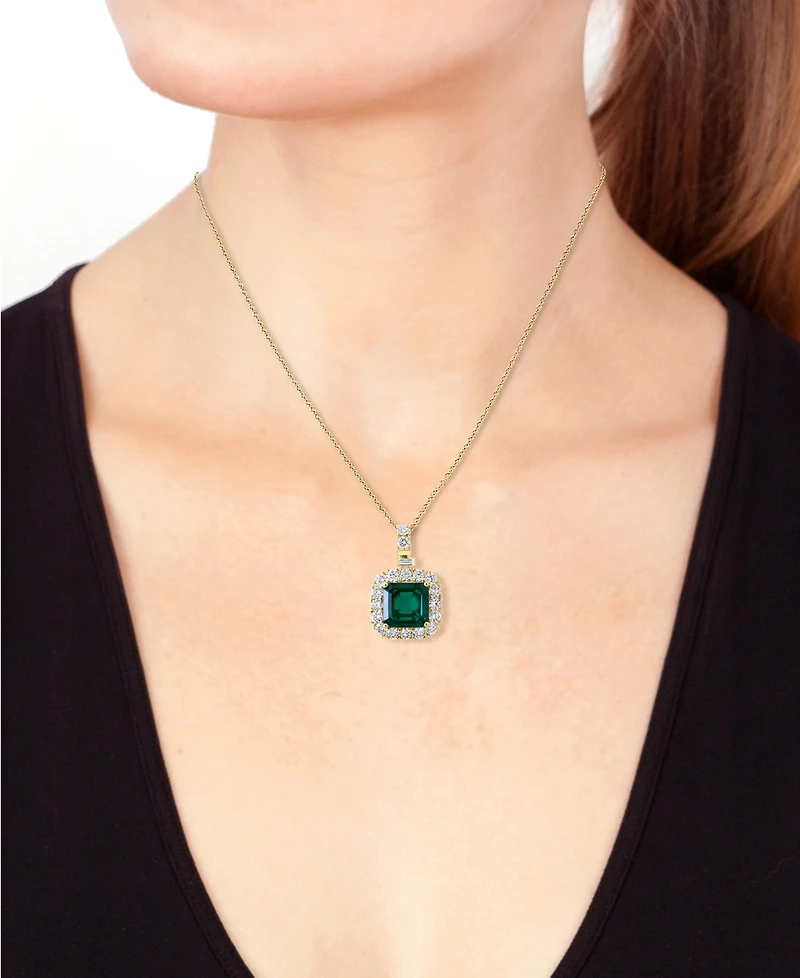 Effy Lab Grown Emerald (4-3/4 ct. t.w.) & Lab Grown Diamond (1-7/8 ct. t.w.) Halo 18" Pendant Necklace in 14k Gold