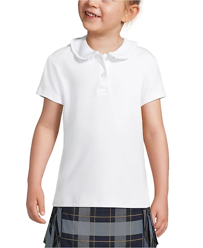 Lands' End Girls School Uniform Short Sleeve Ruffled Peter Pan Collar Knit Shirt