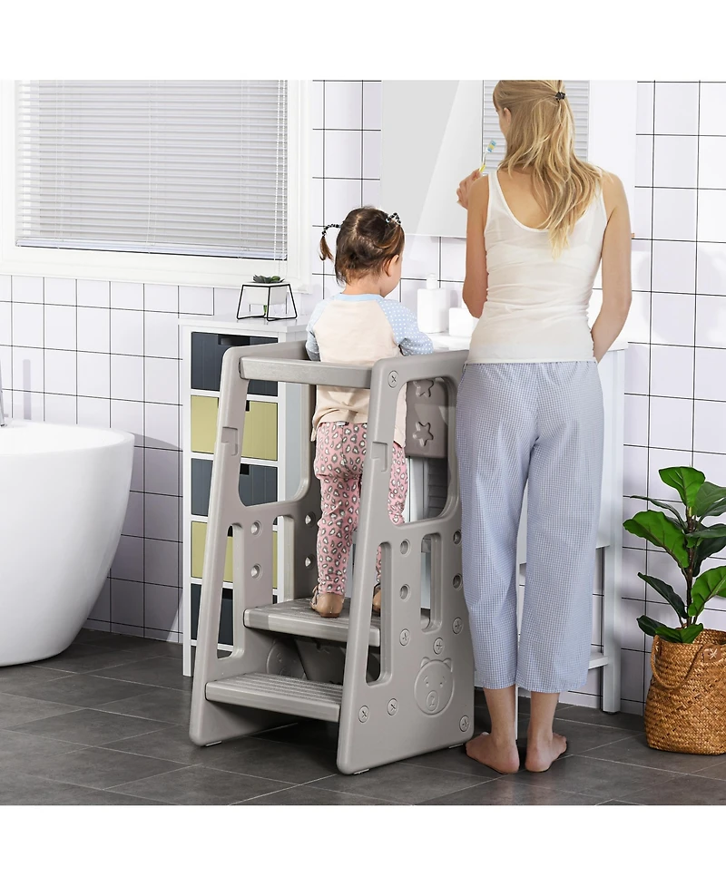 Qaba Toddler Tower with Adjustable Height, Toddler Kitchen Stool Helper with Anti-slip Mat, Step Stool for Kitchen