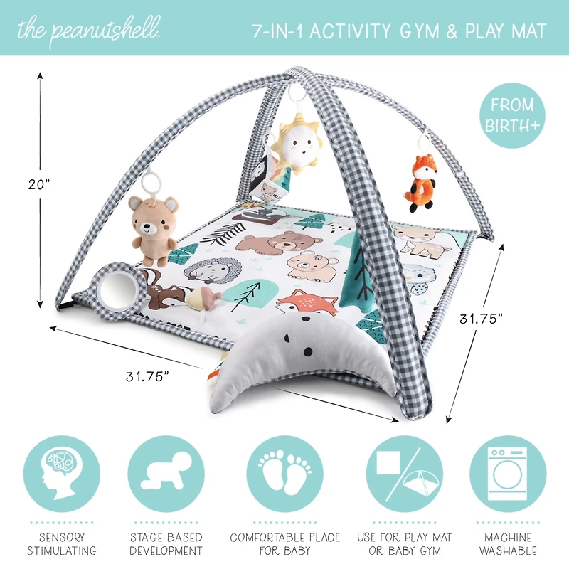 The Peanutshell 7 in 1 Baby Play Gym and Tummy Time Mat, Woodland Animals