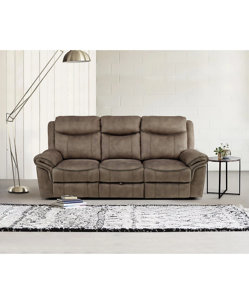 White Label Calico 89" Double Reclining Sofa with Center Drop-Down Cup Holders, Power Outlets