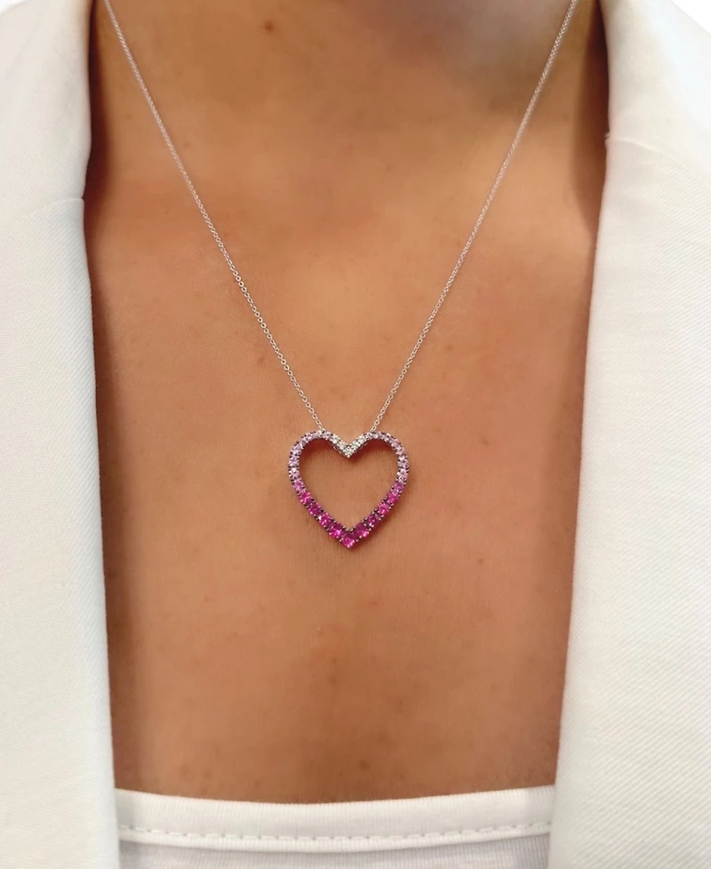 Le Vian Ombre Pink Sapphire (1 ct. t.w.) & White Sapphire (1/10 ct. t.w.) Open Heart Pendant Necklace in 14k White Gold, 18" + 2" extender