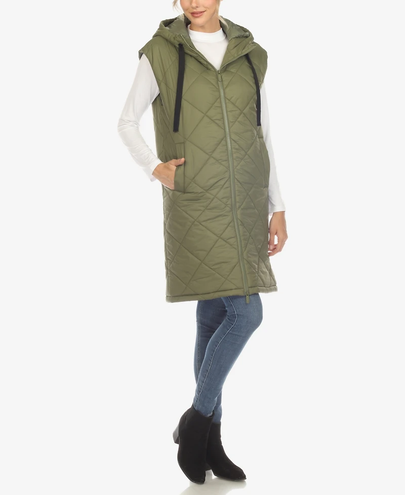 White Mark Women's Diamond Quilted Hooded Long Puffer Vest Jacket