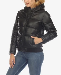 White Mark Women's Removable Furry Hoodie Bomber Leather Jacket