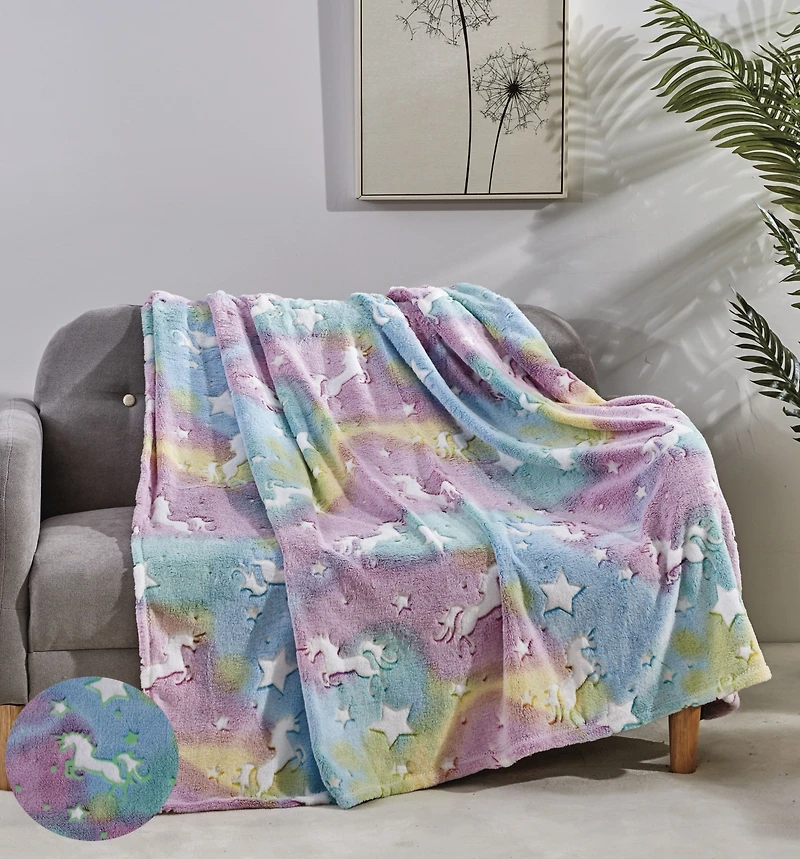 GoodGram Glow In The Dark Blue Unicorns & Stars Ultra Plush Juvi Fleece Accent Throw Blanket - 50 In. X 60 In.