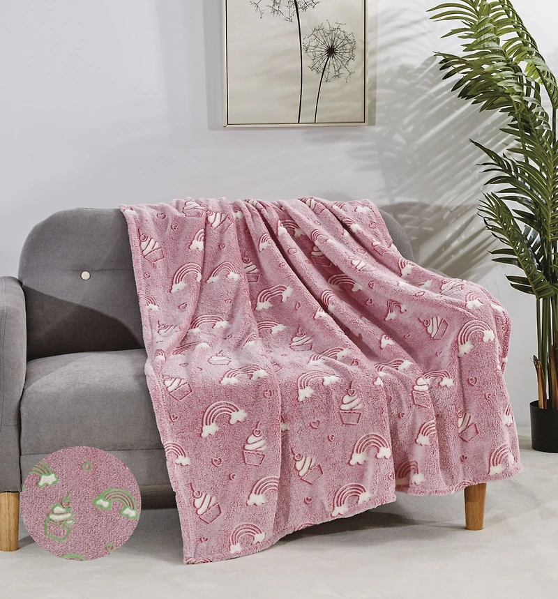 GoodGram Glow In The Dark Pink Rainbows & Cupcakes Ultra Plush Fleece Accent Throw Blanket - 50 In. X 60 In.