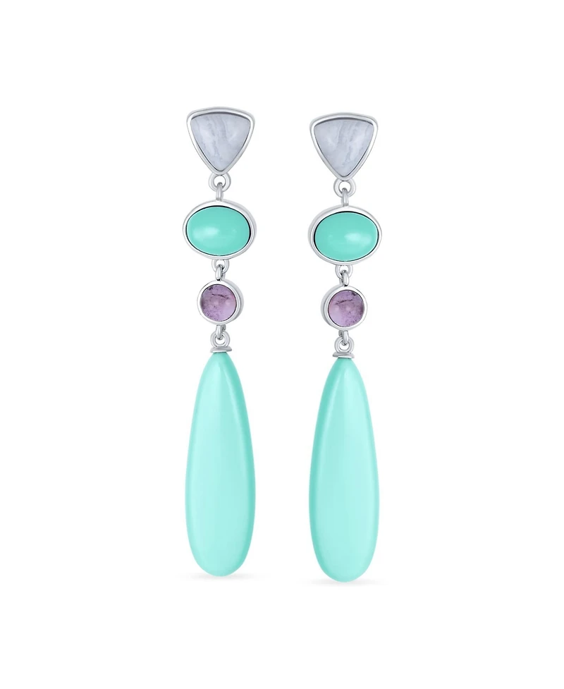 Bling Jewelry Unique Boho Geometric Linear Long Round Triangle Elongated Oval Shape Natural 4 Multi-Tier Stone Summer Party Turquoise Dangling Earring