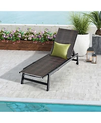 Costway 1PC Patio Galvanized Steel Chaise Lounge with Wheels Outdoor Pe Rattan Recliner Chair