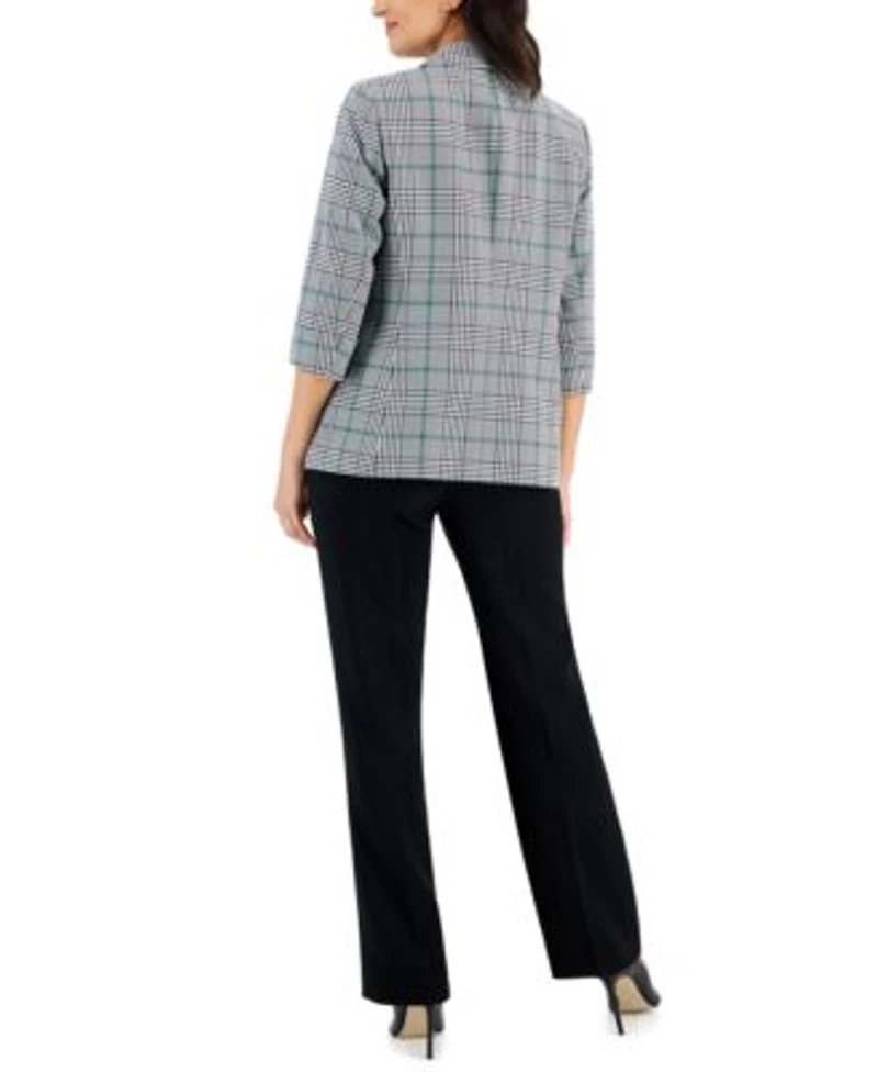 Kasper Womens Plaid Open Jacket Matte Satin Tie Neck Blouse Fly Front Pocket Trousers