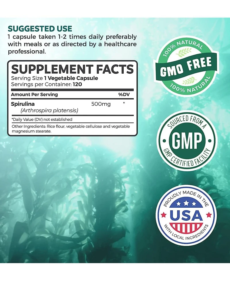 Healths Harmony Spirulina Capsules, Green Superfoods for Natural Energy and Metabolic Health, Health's Harmony, 120ct