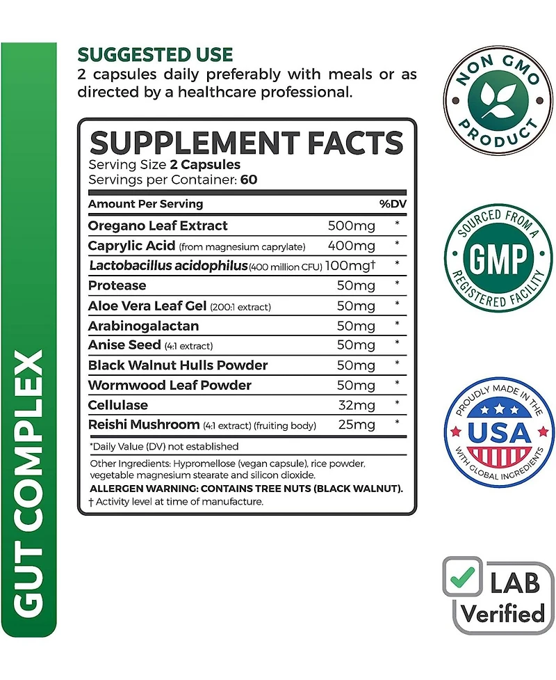 Gut Complex with Caprylic Acid, Oregano Leaf, Probiotics Capsules, Health's Harmony, 120ct