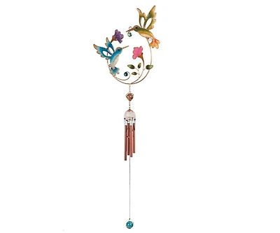 32" Long Blue Bird and Green Bird Copper and Gem Wind Chime