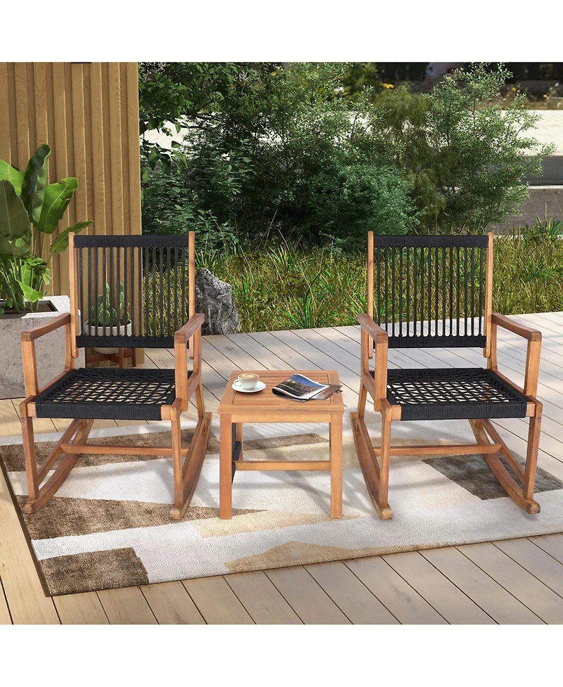 Costway 3pcs Patio Acacia Wood Bistro Table Rocking Chair Set All-Weather Rope Outdoor