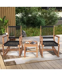 Costway 3pcs Patio Acacia Wood Bistro Table Rocking Chair Set All-Weather Rope Outdoor